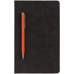 Блокнот Magnet Chrome с ручкой, черный с оранжевым - купить оптом