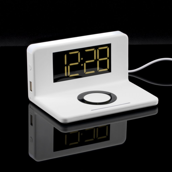 Часы настольные с беспроводным зарядным устройством Pitstop, белые - купить оптом
