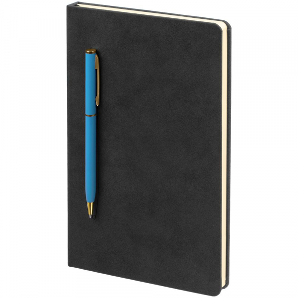 Блокнот Magnet Gold с ручкой, черный с голубым - купить оптом