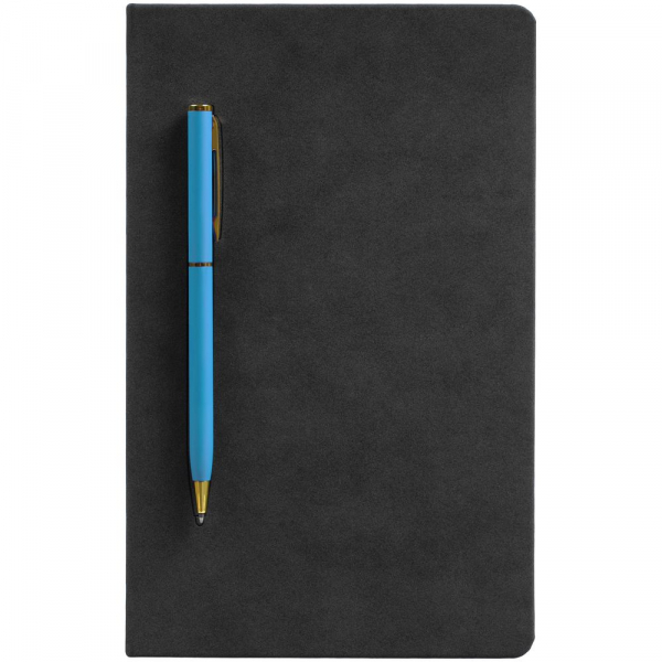 Блокнот Magnet Gold с ручкой, черный с голубым - купить оптом
