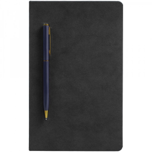 Блокнот Magnet Gold с ручкой, черный с синим - купить оптом