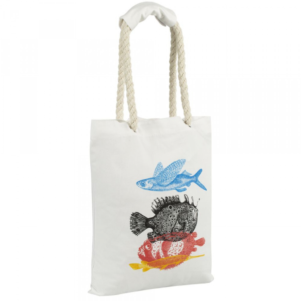 Холщовая сумка с ручками-канатами «Морские обитатели», белая - купить оптом