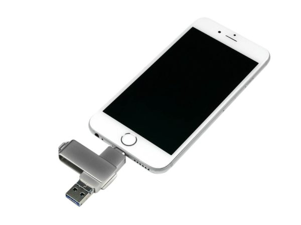 USB 3.0/micro USB/Lightning- флешка на 32 Гб с поворотным механизмом - купить оптом