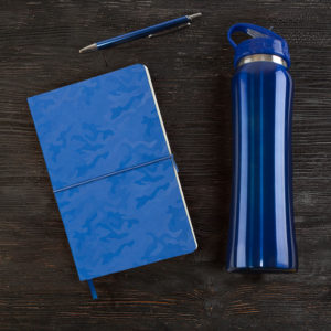 Набор подарочный SUNSHINE: бутылка для воды, бизнес-блокнот, ручка, коробка со стружкой, синий - купить оптом