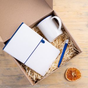 Набор подарочный FINELINE: кружка, блокнот, ручка, коробка, стружка, белый с синим - купить оптом