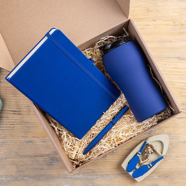 Набор подарочный SILKYWAY: термокружка, блокнот, ручка, коробка, стружка, темно-синий - купить оптом