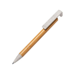CLARION, ручка шариковая с подставкой для смартфона, бамбук, пластик с пшеничной соломой - купить оптом