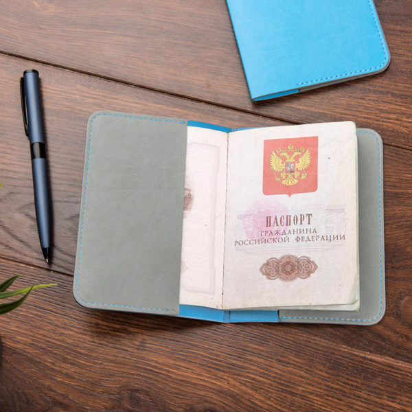 Обложка для паспорта  "Impression", 10*13,5 см, PU, голубой с серым - купить оптом