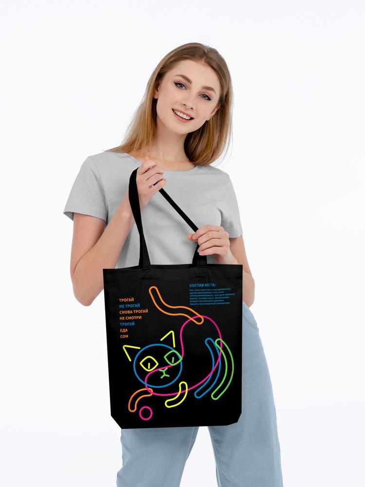 Холщовая сумка с термонаклейками «Собери кота», черная - купить оптом