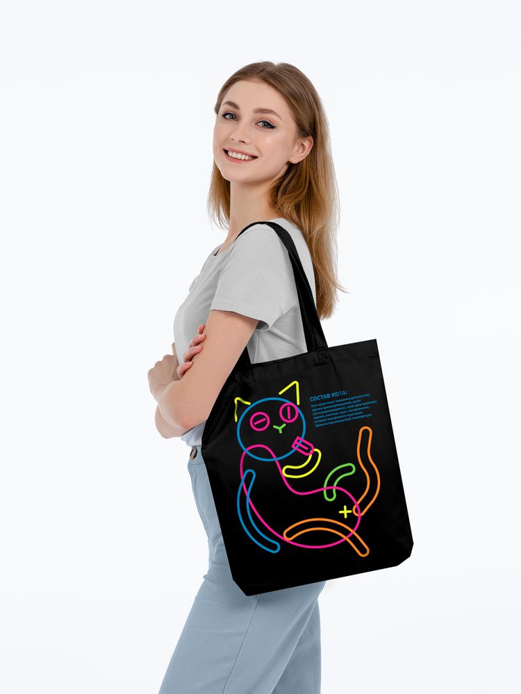 Холщовая сумка с термонаклейками «Собери кота», черная - купить оптом
