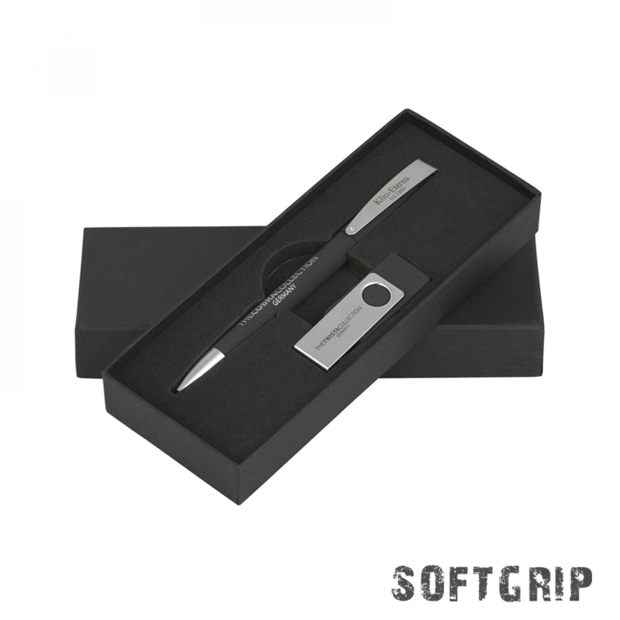 Oбразец набора ручка COBRA Softgrip MM + флешка TWISTAsoftgrip MS (0Гб) в футляре, цвет черный