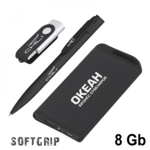 Набор ручка + флеш-карта 8Гб + зарядное устройство 4000 mAh в футляре, покрытие softgrip, цвет черный - купить оптом