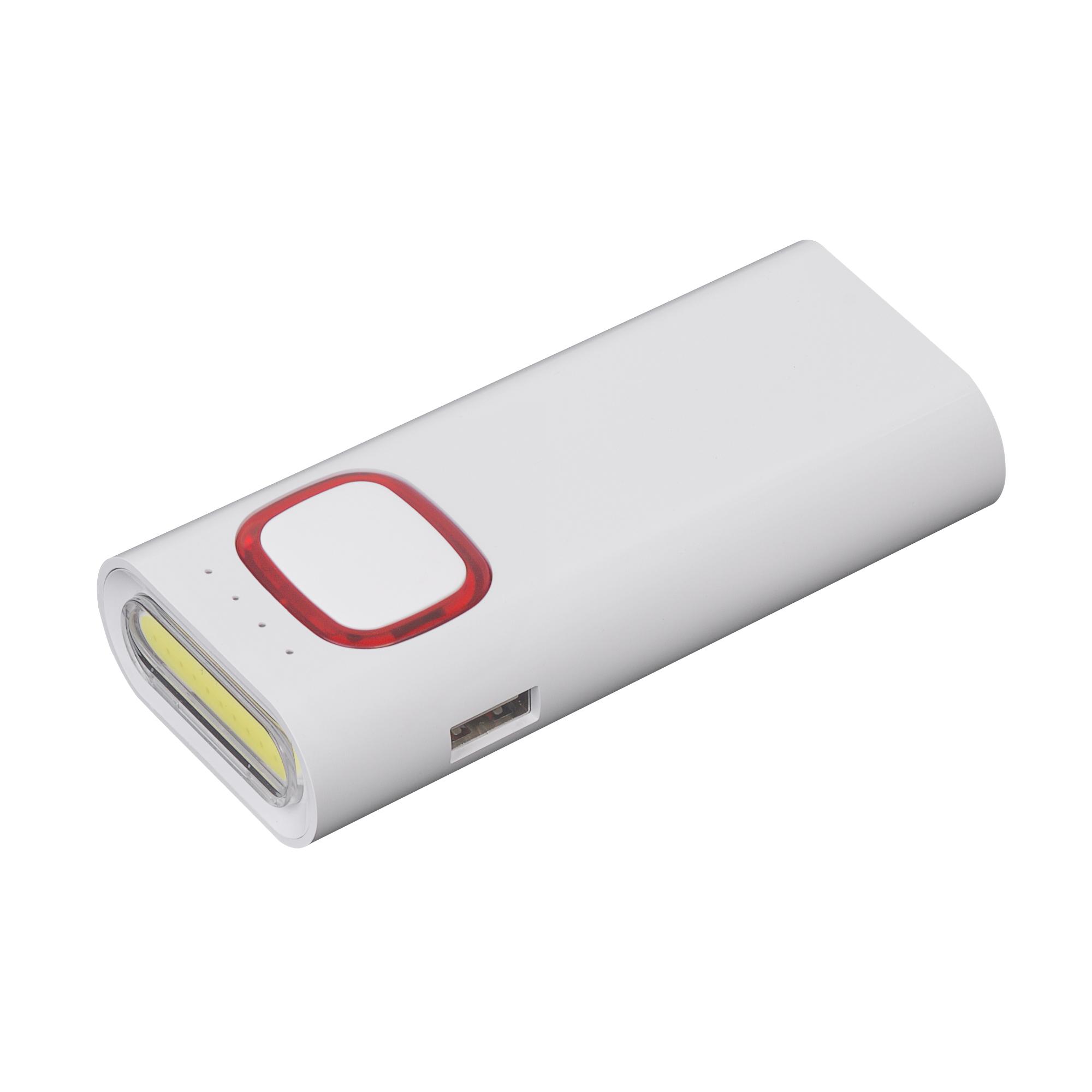 Зарядное устройство с LED-фонариком и подсветкой логотипа, 4400 mAh, цвет белый с красным