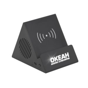 Bluetooth колонка-подставка "Rock" 3Вт с беспроводным зарядным устройством и подсветкой логотипа, цвет черный - купить оптом