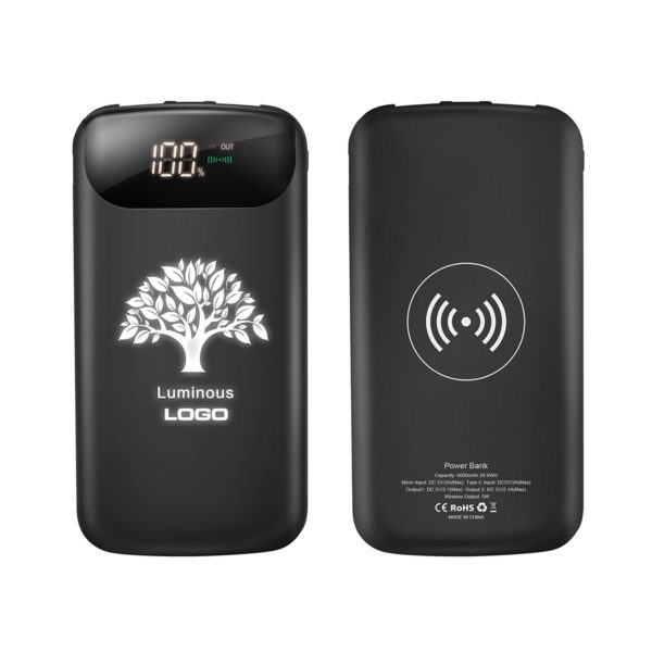 Беспроводное зарядное устройство "Shine SOFTTOUCH", 8000 mAh с подсветкой логотипа и цифровым индикатором заряда, цвет черный - купить оптом