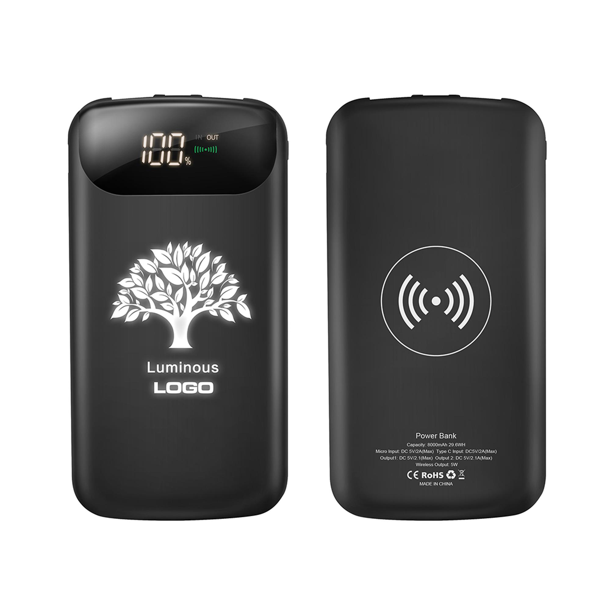 Беспроводное зарядное устройство "Shine SOFTTOUCH", 8000 mAh с подсветкой логотипа и цифровым индикатором заряда, цвет черный, фото 2