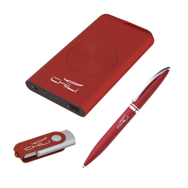 Набор ручка "Rocket" + флеш-карта "Vostok" 16Гб + беспроводное ЗУ "Theta Wireless" 4000 mAh, soft touch, цвет красный с серебристым - купить оптом