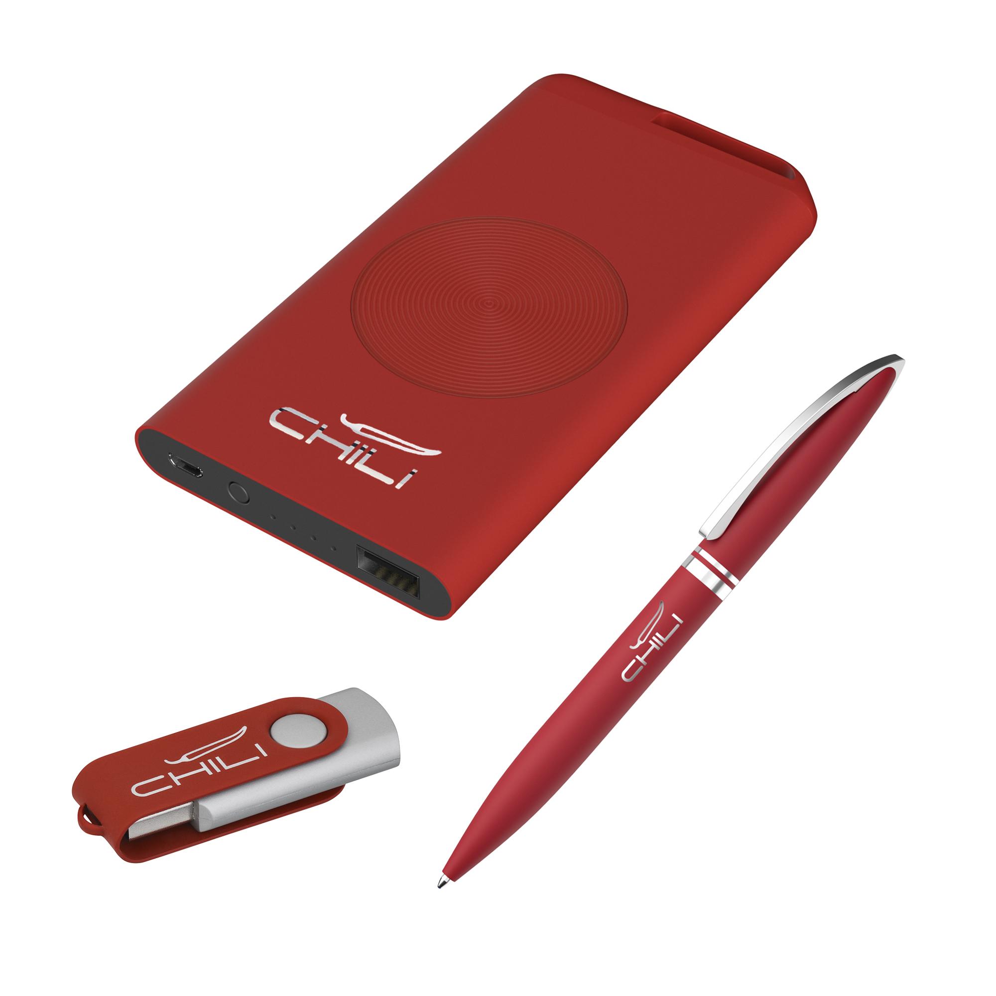 Набор ручка "Rocket" + флеш-карта "Vostok" 16Гб + беспроводное ЗУ "Theta Wireless" 4000 mAh, soft touch, цвет красный с серебристым, фото 1