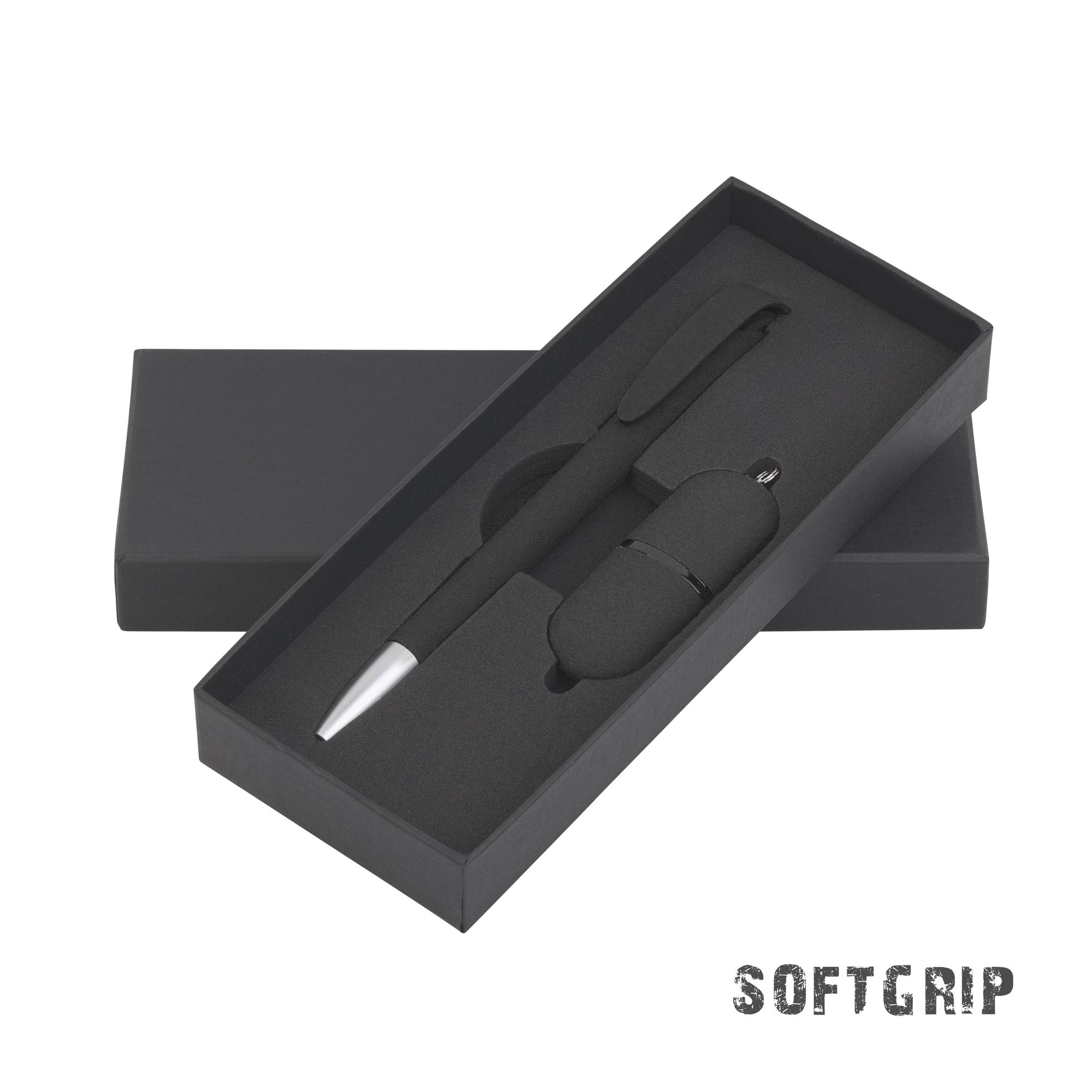 Набор ручка + флеш-карта 16 Гб в футляре, черный, покрытие soft grip, цвет черный