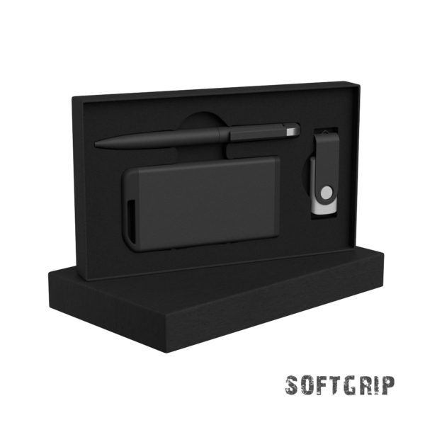 Набор ручка + флеш-карта 16Гб + зарядное устройство 4000 mAh в футляре, softgrip, цвет черный - купить оптом