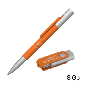 Набор ручка "Clas" + флеш-карта "Vostok" 8 Гб в футляре, покрытие soft touch, цвет оранжевый - купить оптом