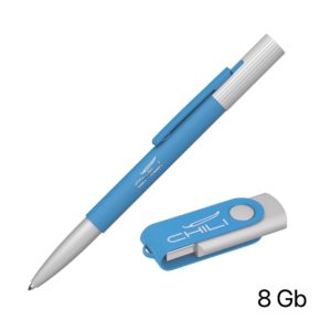 Набор ручка "Clas" + флеш-карта "Vostok" 8 Гб в футляре, покрытие soft touch, цвет голубой - купить оптом