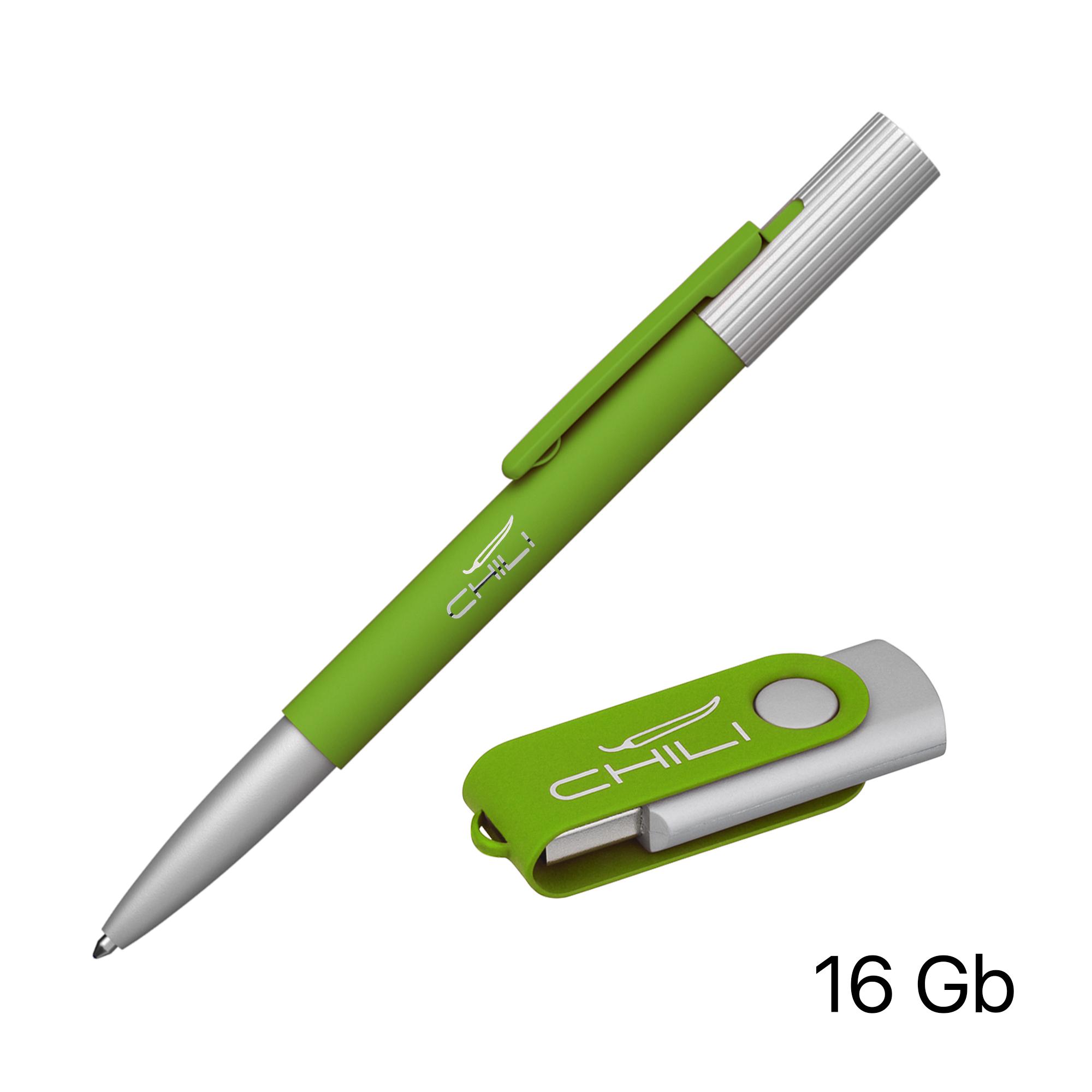Набор ручка "Clas" + флеш-карта "Vostok" 16 Гб в футляре, покрытие soft touch, цвет зеленое яблоко, фото 1