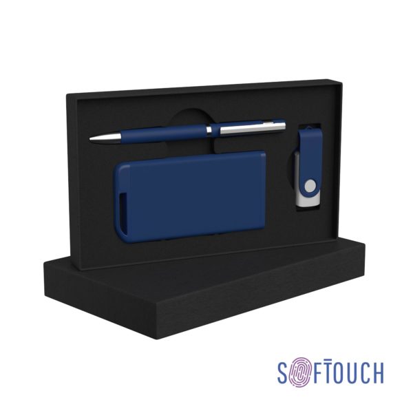 Набор ручка + флеш-карта 16Гб + зарядное устройство 4000 mAh в футляре, soft touch, цвет темно-синий - купить оптом