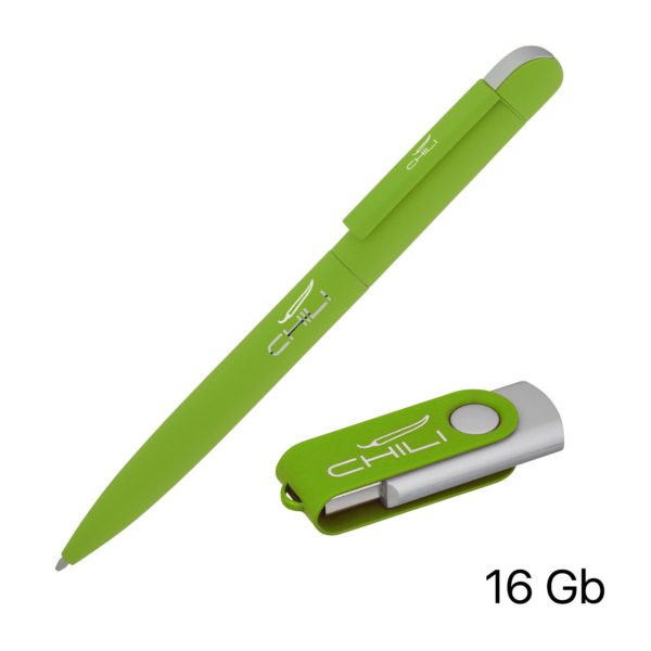 Набор ручка + флеш-карта 16 Гб в футляре, покрытие soft touch, цвет зеленое яблоко - купить оптом