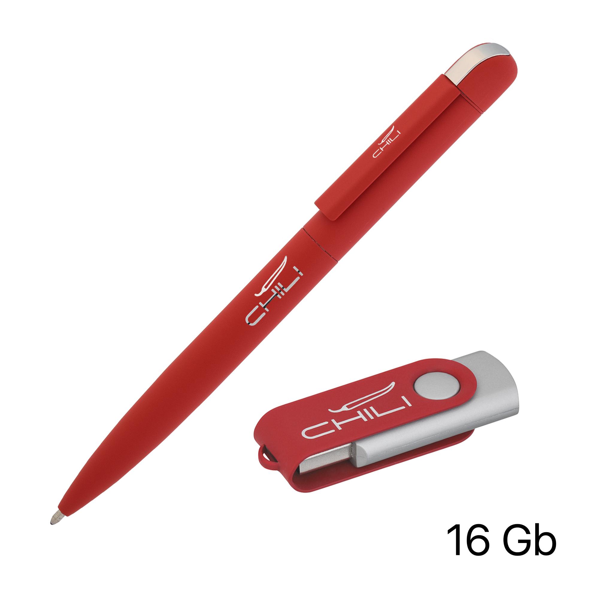 Набор ручка + флеш-карта 16 Гб в футляре, покрытие soft touch, цвет красный, фото 1