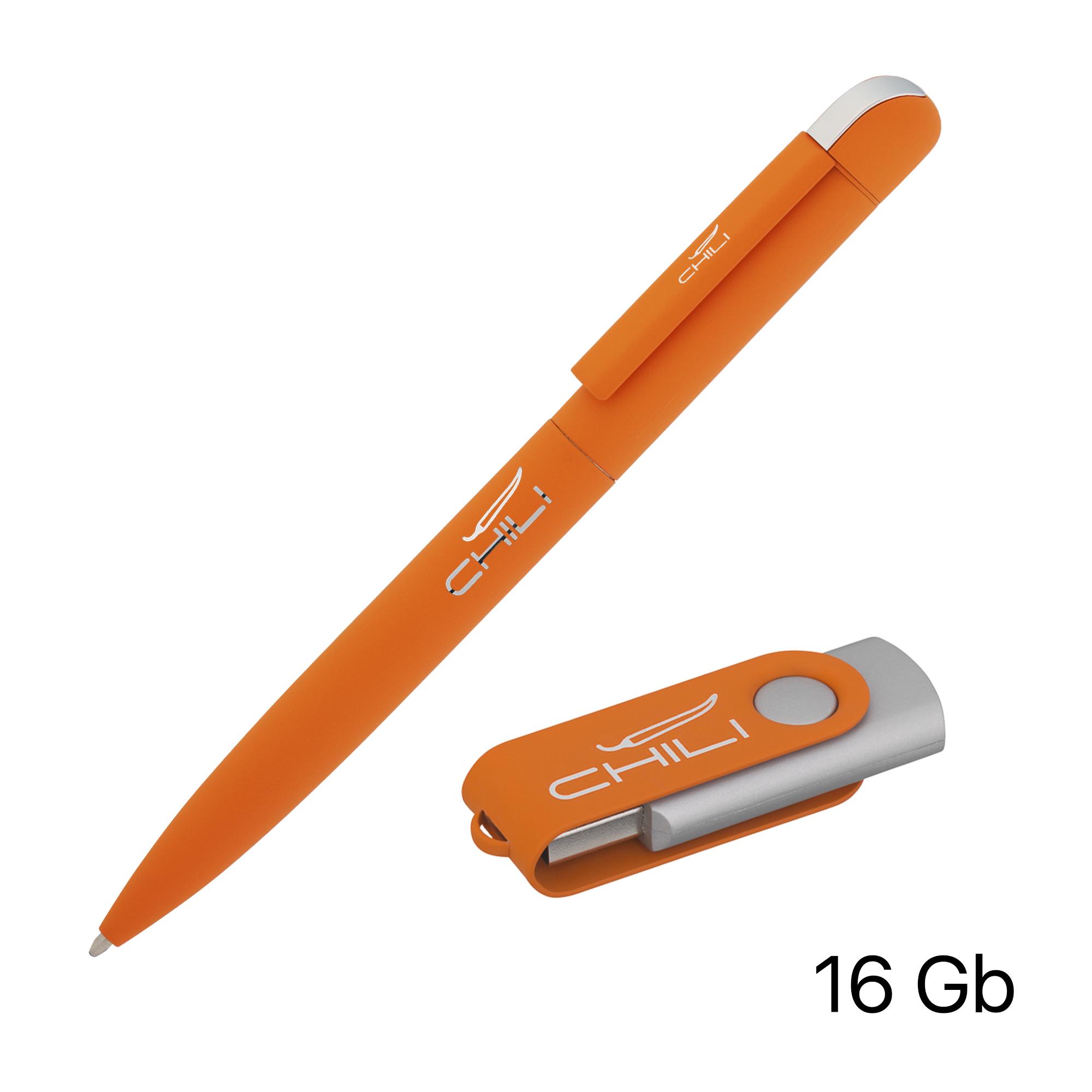 Набор ручка + флеш-карта 16 Гб в футляре, покрытие soft touch, цвет оранжевый, фото 1