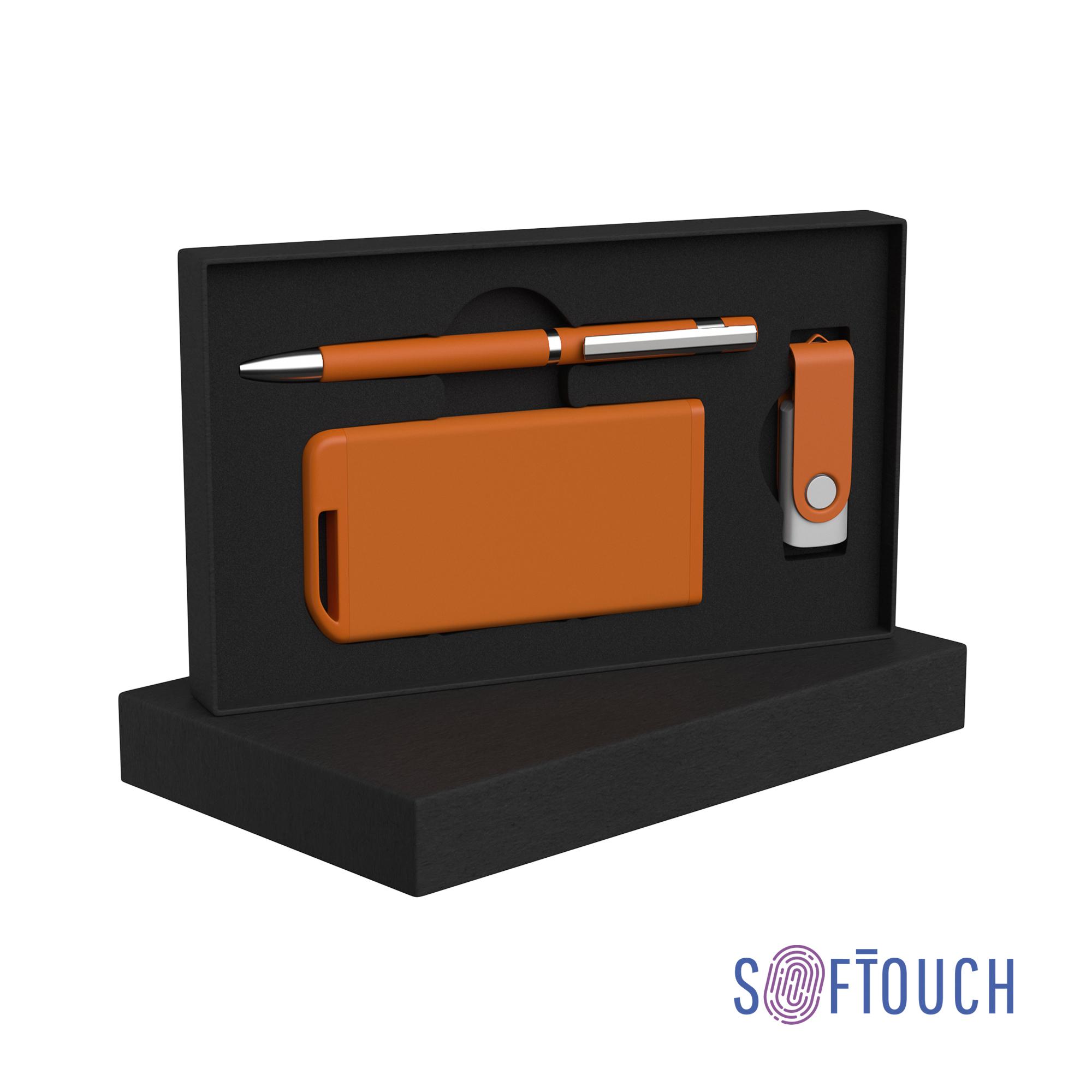 Набор ручка + флеш-карта 8Гб + зарядное устройство 4000 mAh soft touch, цвет оранжевый