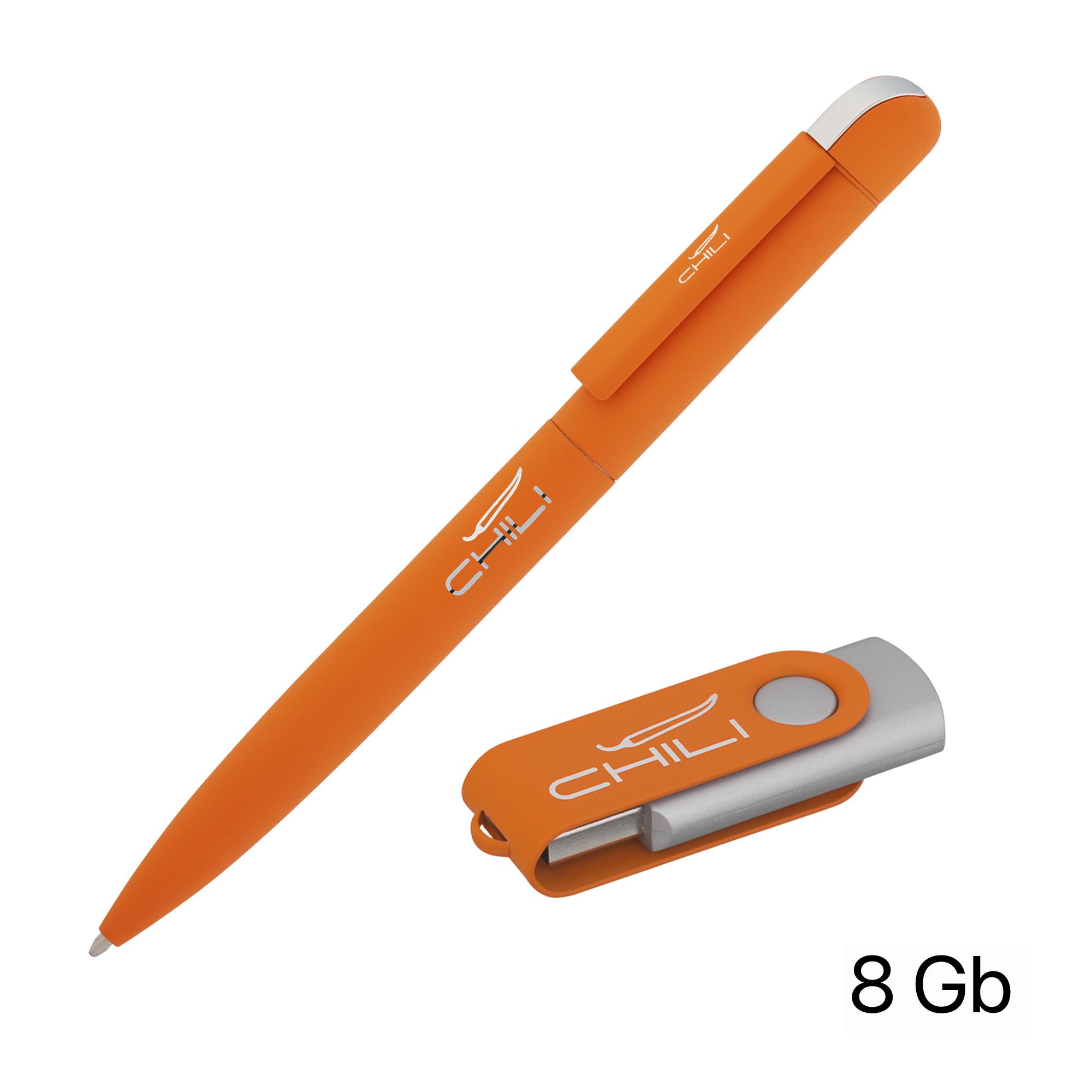 Набор ручка + флеш-карта 8 Гб в футляре, покрытие soft touch, цвет оранжевый, фото 1