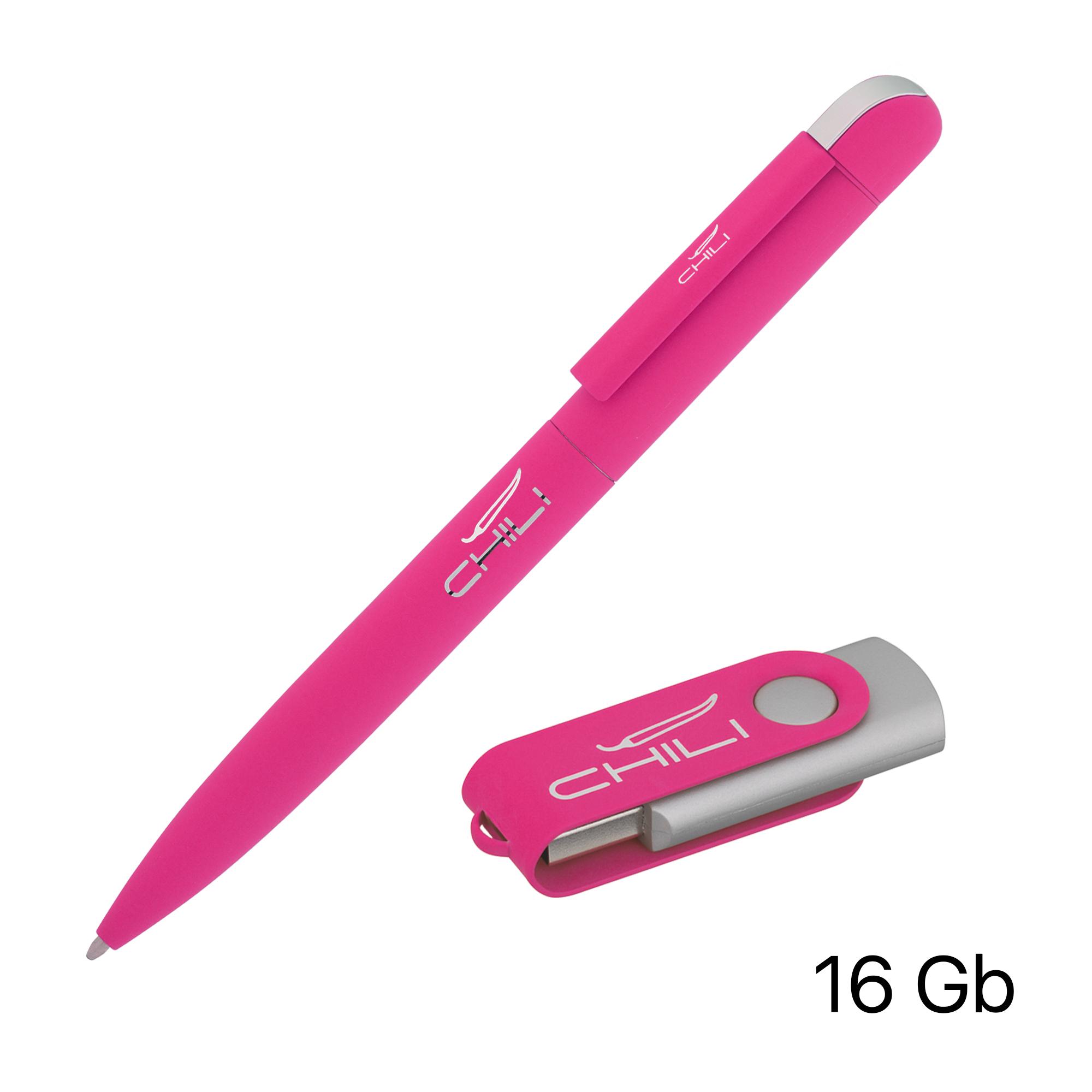 Набор ручка + флеш-карта 16 Гб в футляре, покрытие soft touch, цвет фуксия, фото 1