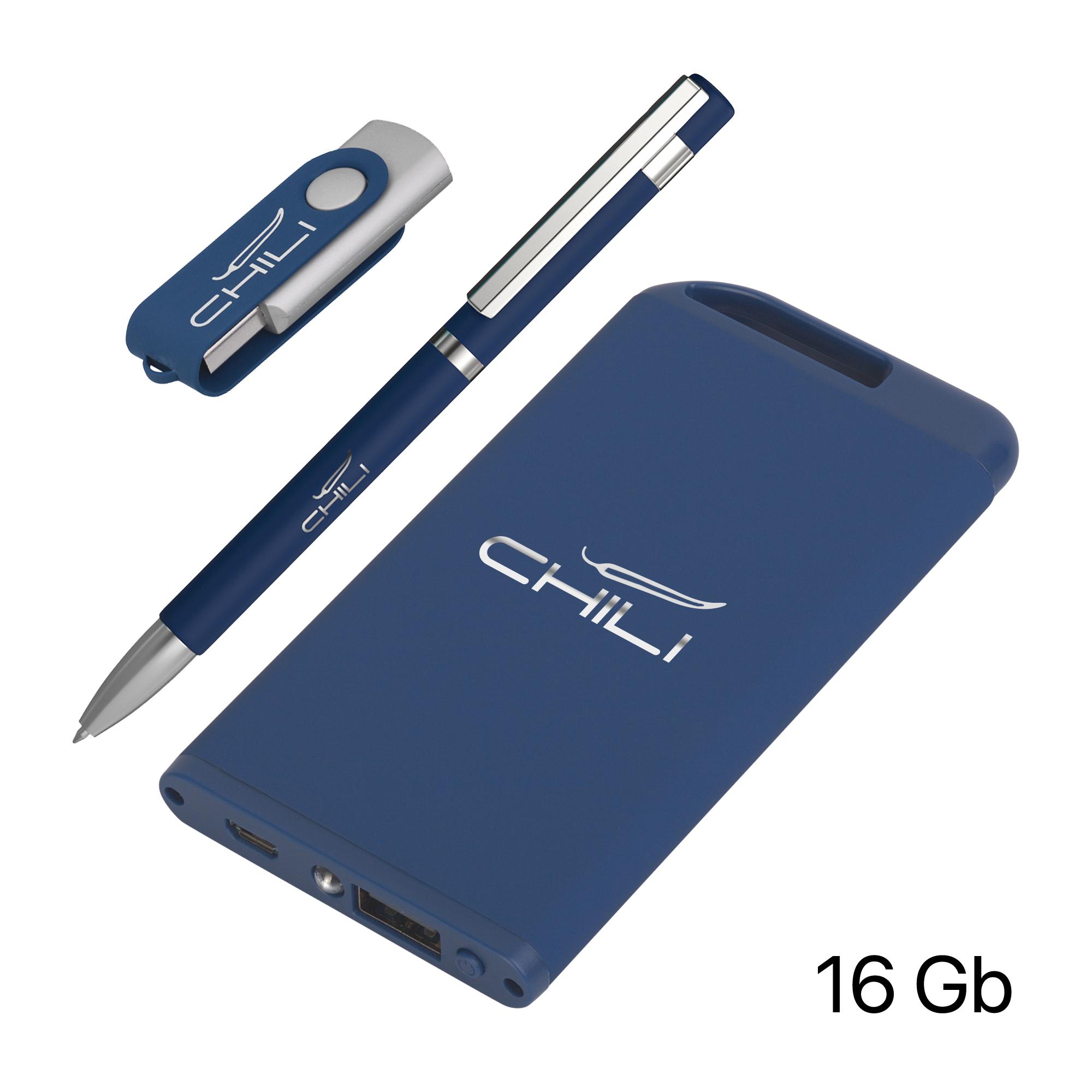 Набор ручка + флеш-карта 16Гб + зарядное устройство 4000 mAh в футляре, soft touch, цвет темно-синий, фото 1