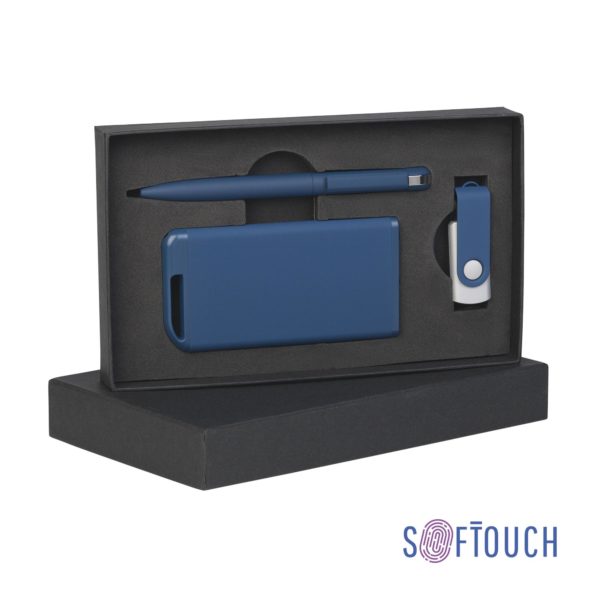 Набор ручка + флеш-карта 16Гб + зарядное устройство 4000 mAh в футляре покрытие soft touch, цвет темно-синий - купить оптом