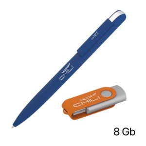 Набор ручка + флеш-карта 8 Гб в футляре, покрытие soft touch, цвет темно-синий с оранжевым - купить оптом