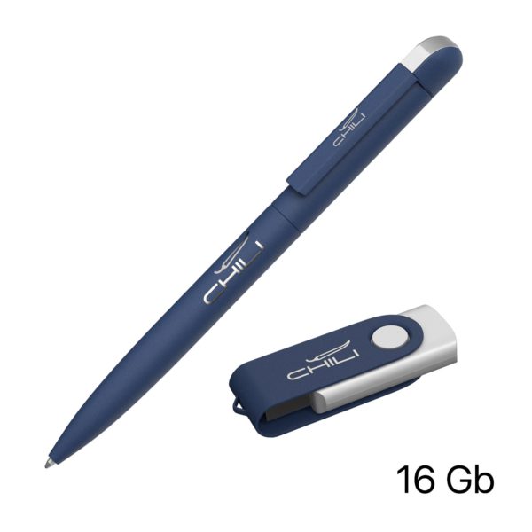 Набор ручка + флеш-карта 16 Гб в футляре, покрытие softgrip, цвет темно-синий - купить оптом
