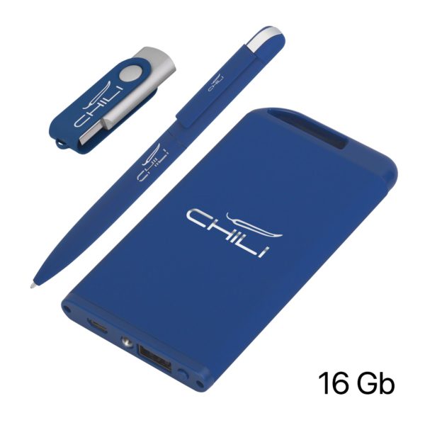 Набор ручка + флеш-карта 16Гб + зарядное устройство 4000 mAh в футляре покрытие soft touch, цвет темно-синий - купить оптом