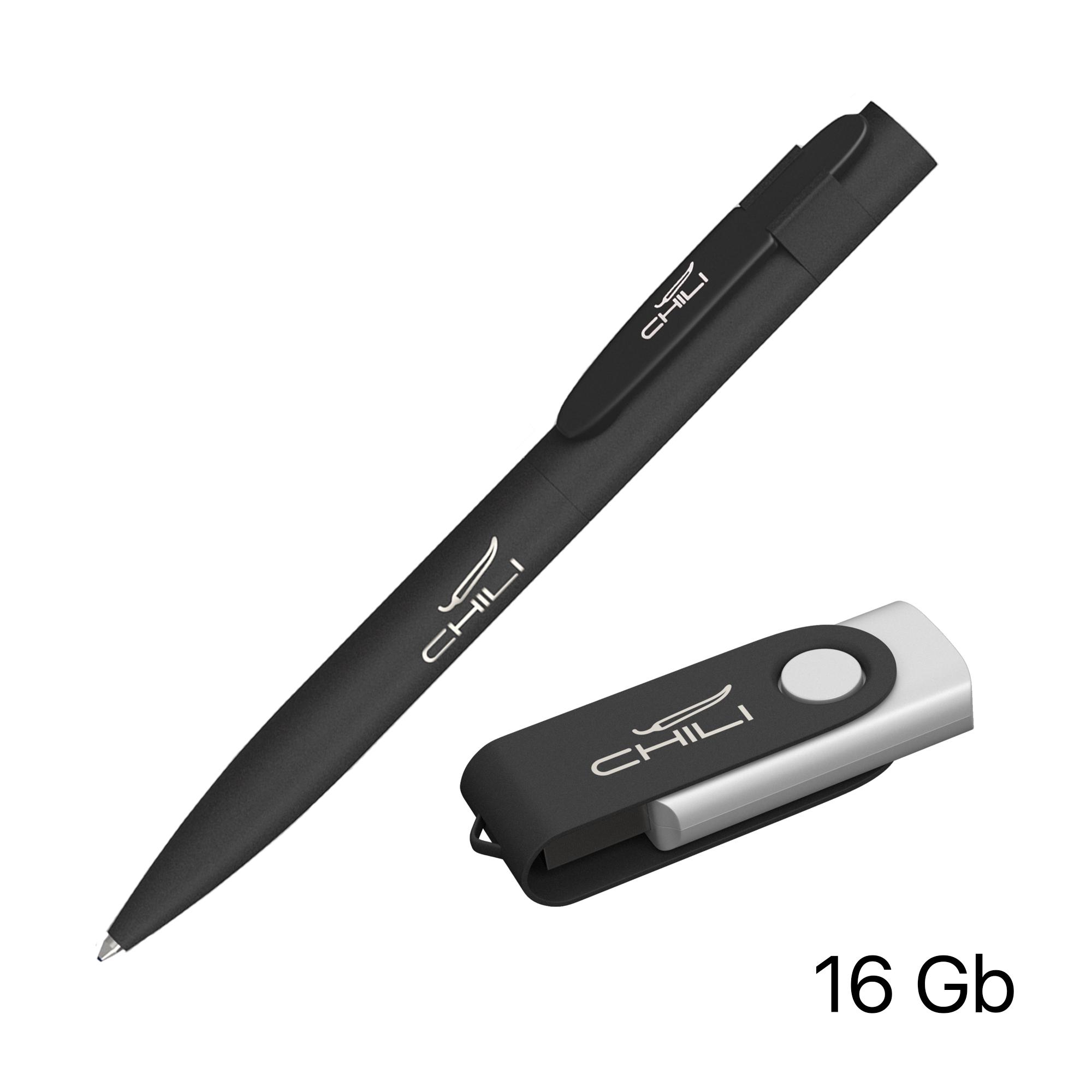 Набор ручка + флеш-карта 16 Гб в футляре, покрытие softgrip, цвет черный, фото 1