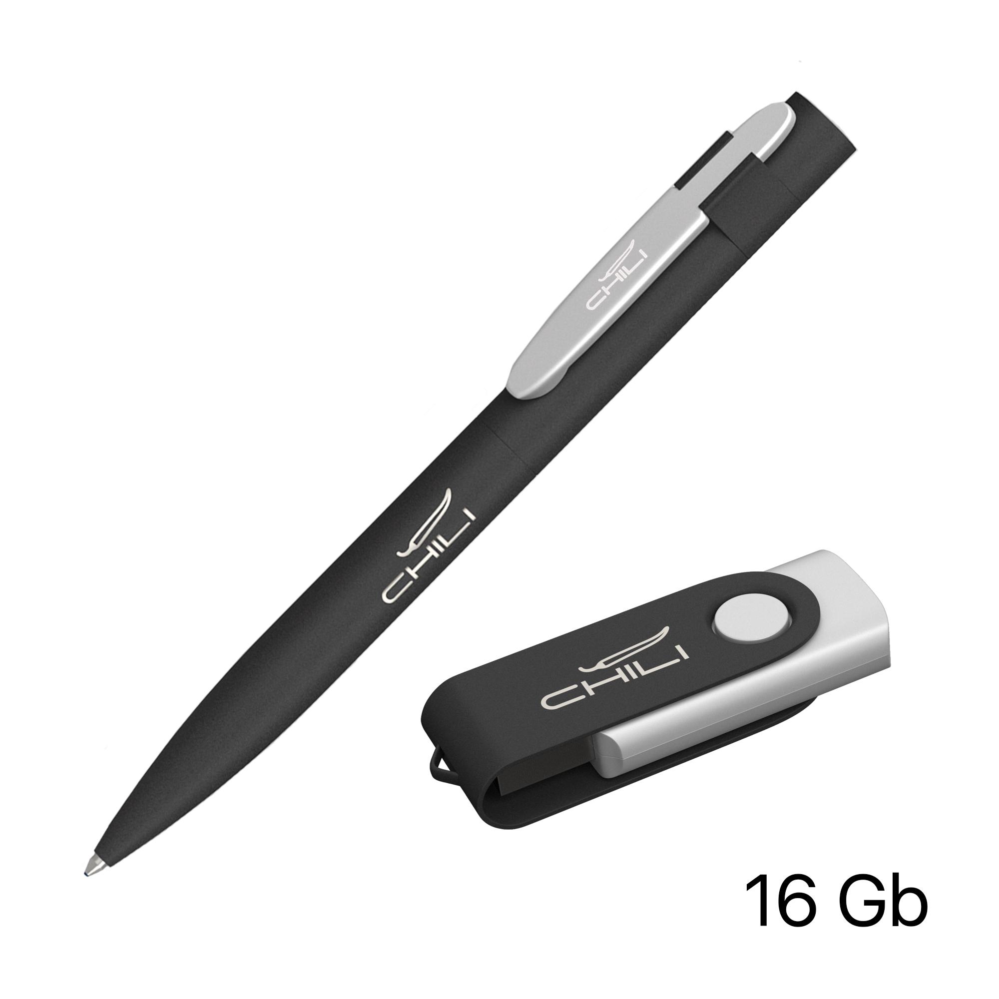 Набор ручка + флеш-карта 16 Гб в футляре, покрытие softgrip, цвет черный с серебристым, фото 1