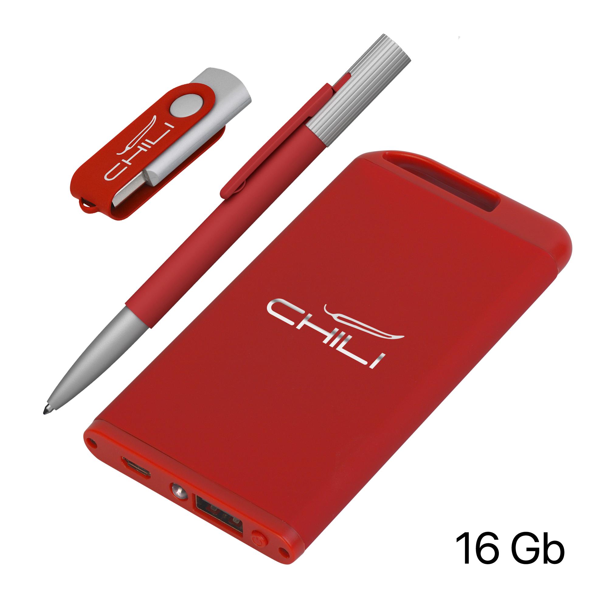 Набор ручка "Clas" + флеш-карта "Vostok" 16Гб + зарядное устройство "Theta" 4000 mAh в футляре, покрытие soft touch#, цвет красный, фото 1