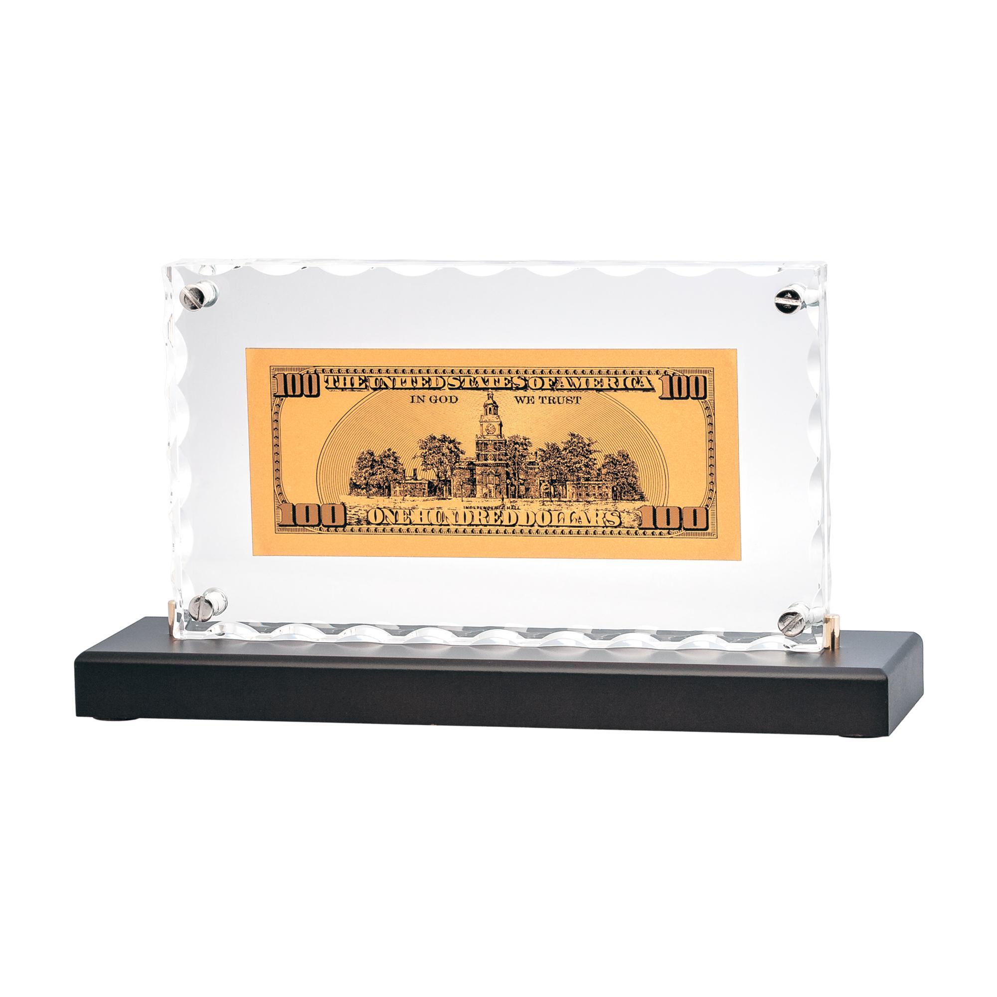 "Банкнота 100 USD" в стекле, цвет коричневый с золотым, фото 1