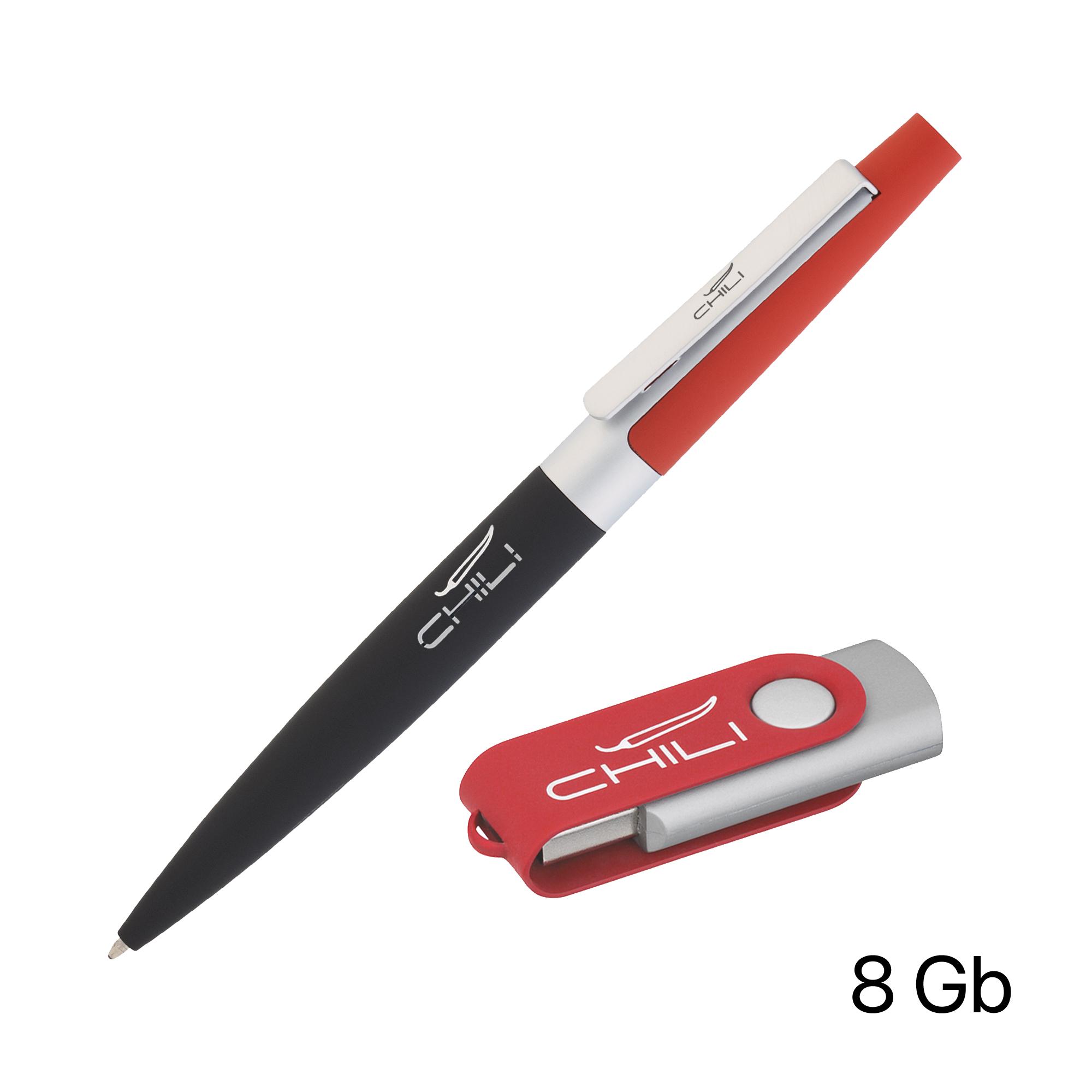 Набор ручка + флеш-карта 8 Гб в футляре, черный/желтый, покрытие soft touch #, цвет красный с черным, фото 1