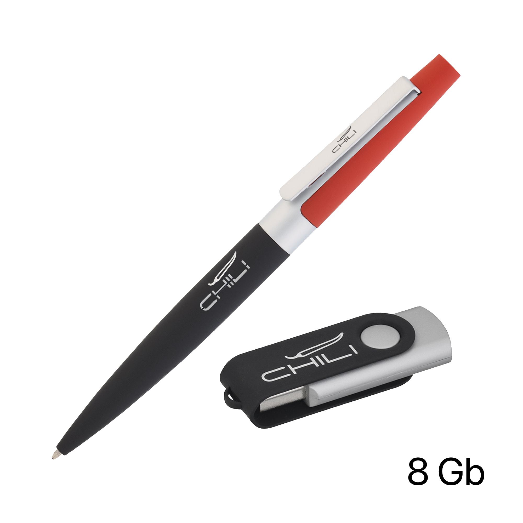 Набор ручка + флеш-карта 8 Гб в футляре, черный/желтый, покрытие soft touch #, цвет черный с красным, фото 1
