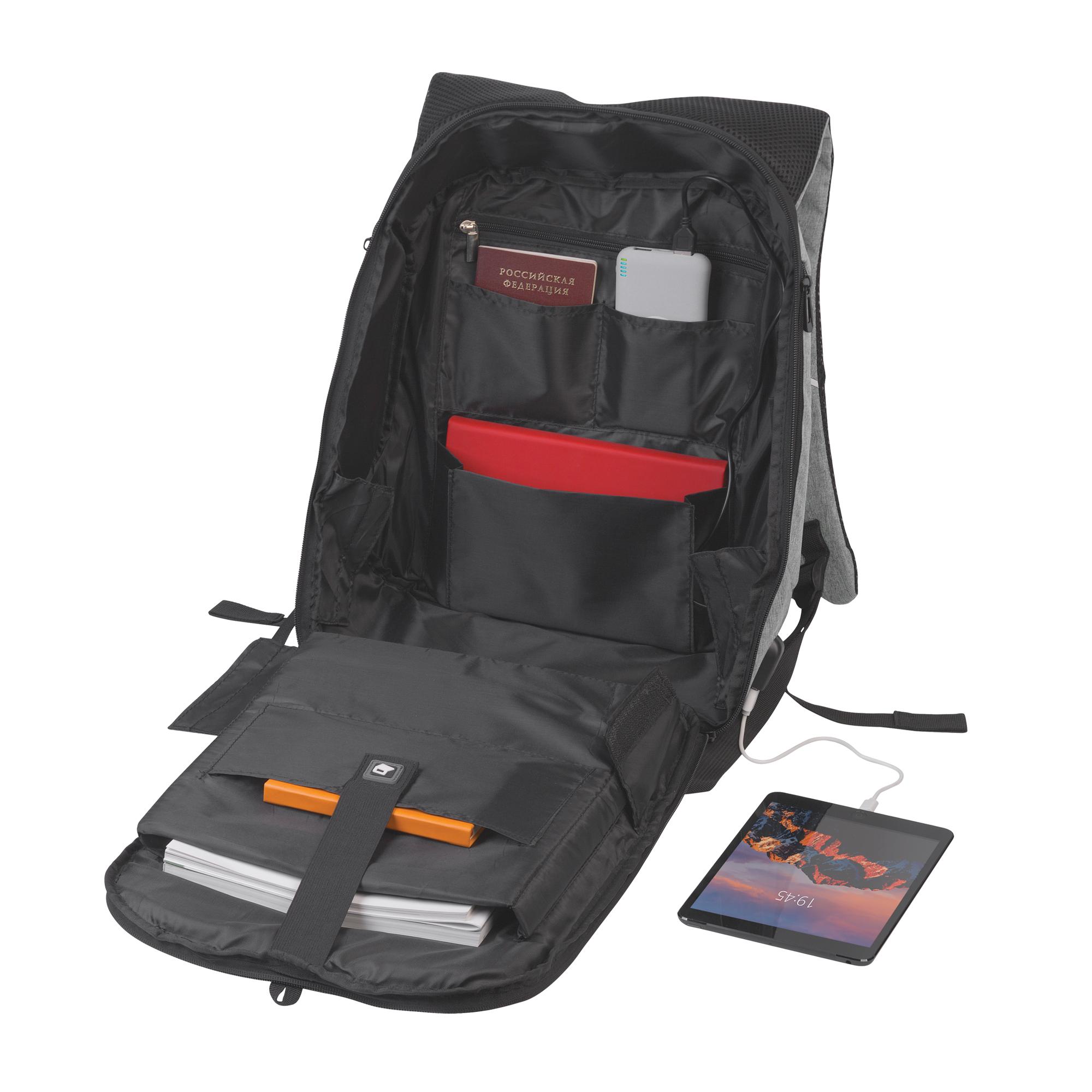 Рюкзак "Holiday" с USB разъемом и защитой от кражи, цвет серый с черным, фото 3