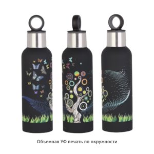 Термобутылка "Бабочки" с объемной UF печатью по окружности, покрытие soft touch, цвет черный - купить оптом