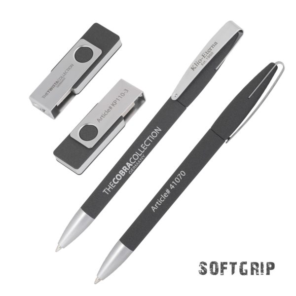 Oбразец набора ручка COBRA Softgrip MM + флешка TWISTAsoftgrip MS (0Гб) в футляре, цвет черный - купить оптом