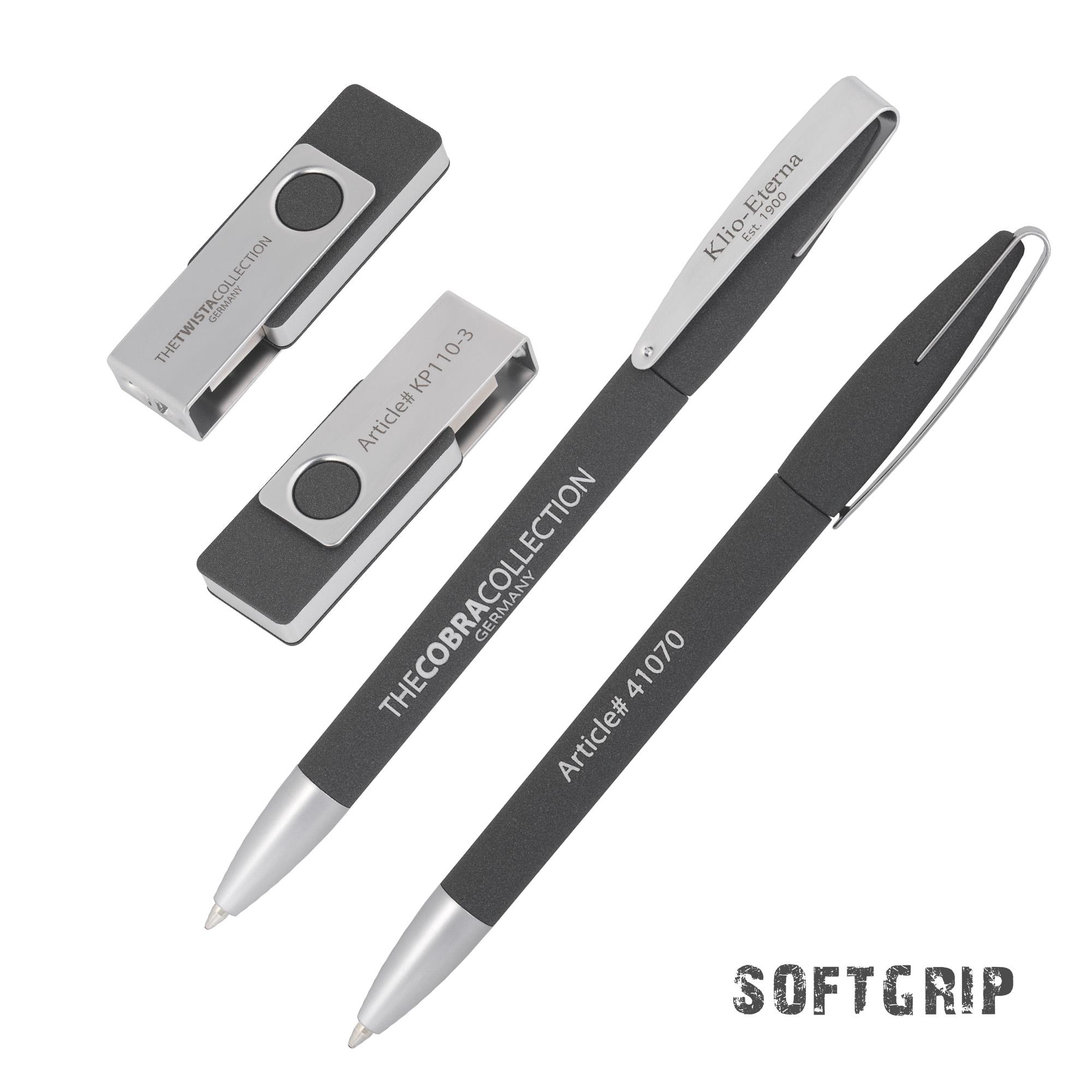 Oбразец набора ручка COBRA Softgrip MM + флешка TWISTAsoftgrip MS (0Гб) в футляре, цвет черный, фото 1