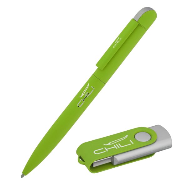 Набор ручка "Jupiter" + флеш-карта "Vostok" 8 Гб в футляре, покрытие soft touch#, цвет зеленое яблоко - купить оптом